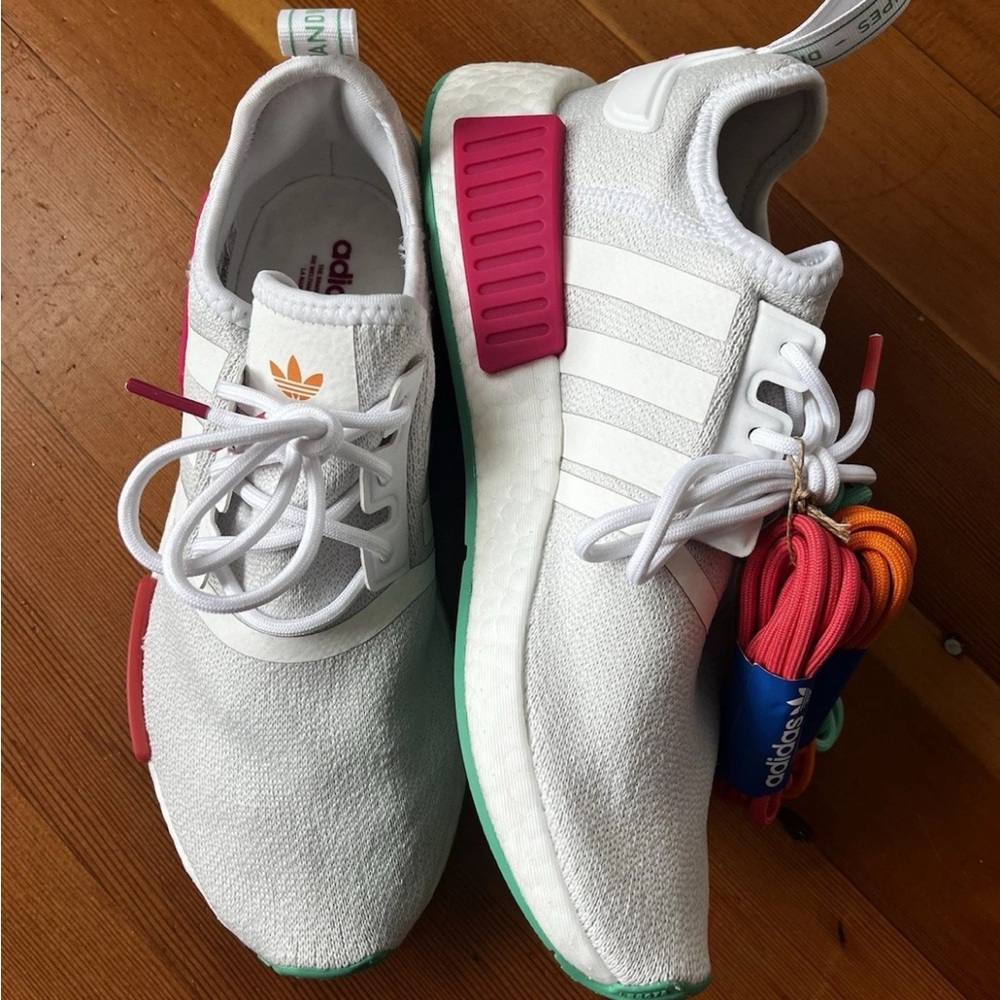 New With Tags, Adidas NMD R1 Women’s Size 7, White/Green/Real Magenta, No Box